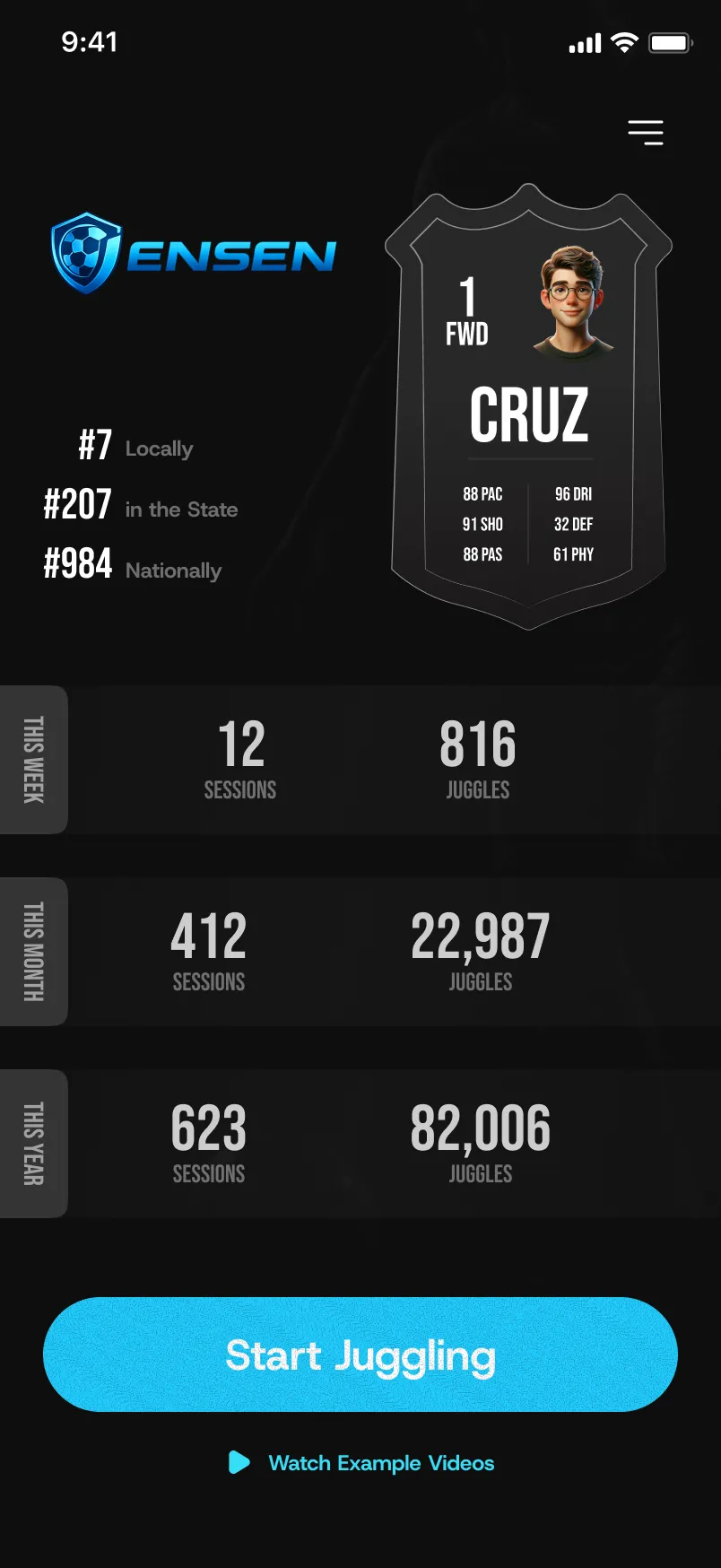 Jensen — Soccer Juggling Tracker App | Mobile UI — 02